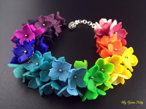 Handmade Rainbow Flower Clay Bracelet, Adjustable Silver Plated Chain