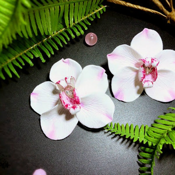 White Orchid Earrings, Flower Polymer Clay, Unique Orchid Earrings, Orchid jewelry, White Flower Earrings, Bridal Earrings, Large Earrings