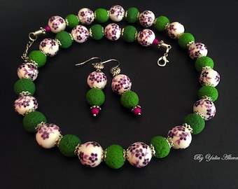 Handmade Lilac Flower Bead Necklace, Green Boho Jewelry