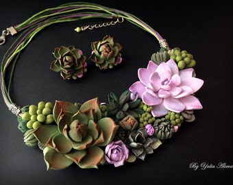 Green Succulent Jewelry, Polymer Clay Necklace, Polymer ClayJewelry, Polymer Clay Succulent, Succulent Clay Necklace, Succulent Jewelry Set