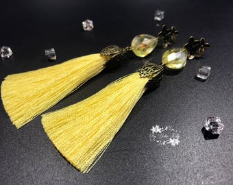 Bohemian Tassel Earrings, Yellow Tassel Earrings, Yellow Dangle Earrings, Silk Tassel Earrings, Fringe Yellow Earrings, Wedding Earrings