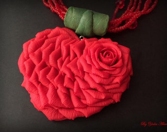 Red Heart Pendant, Red Heart Necklace, Clay Red Roses, Floral Rose Pendant, Gift For Women, Roses Polymer Clay, Heart Red Rose, Rose Jewelry