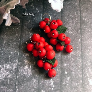 Red Berry Earrings, Cowberry Berries, Dangle Earrings, Red Berries Jewelry, Red Berry Jewelry, Polymer Clay Earrings, Polymer Clay Jewelry