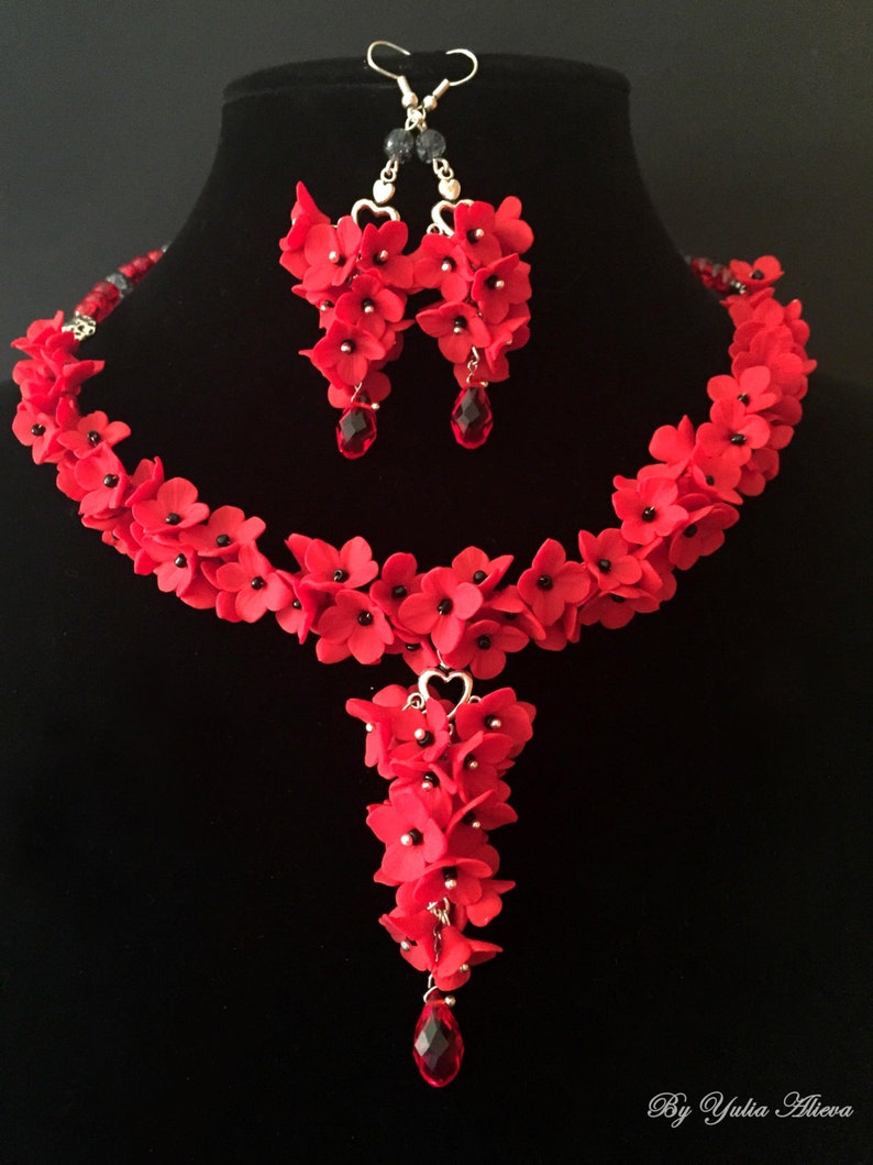 Handgjorda polymerlera röda blommor halsband örhängen set bild 4