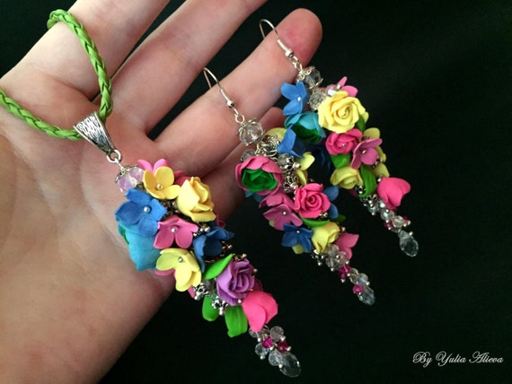 Handmade Polymer Clay Flower Necklace Earrings, Rainbow Jewelry