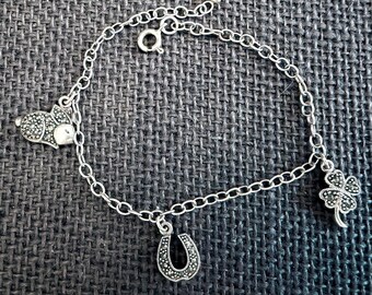 Vintage Sterling Silver Charm Bracelet – Vintage Charm Bracelet - Marcasite Vintage Sterling Silver Rabbit Four Leaf Clover Lucky Horseshoe