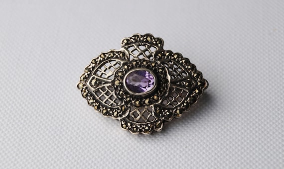 Vintage Sterling Silver Marcasite Brooch - Vintage