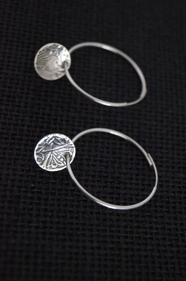 Silver Hoop Earrings Sterling Silver Hoop Earrings with embossed Sterling Silver disc Handmade Earrings Boho Earrings