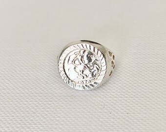 Vintage Sterling Silver George and the Dragon Ring - Vintage Signet Ring - Vintage Silver Signet Ring - Silver Coin Ring size 1 or B