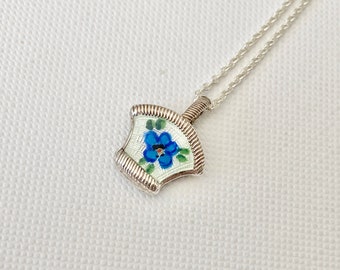 Vintage Sterling Silver Flower Necklace - Enamel Flower Necklace - Vintage Flower Necklace - Vintage Rose Necklace - Enamel Flower Pendant