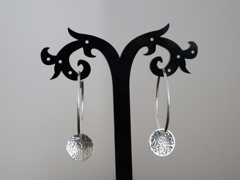 Silver Hoop Earrings Sterling Silver Hoop Earrings with embossed Sterling Silver disc Handmade Earrings Boho Earrings