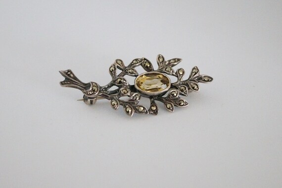 Vintage Sterling Silver Marcasite & Citrine Brooch