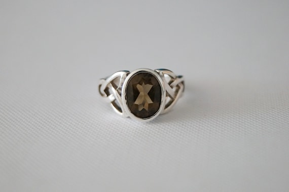 Vintage Sterling Silver Celtic Ring - Vintage Smoky Quartz Ring - Vintage Ring - Vintage Silver Ring - Size 7 N 1/2
