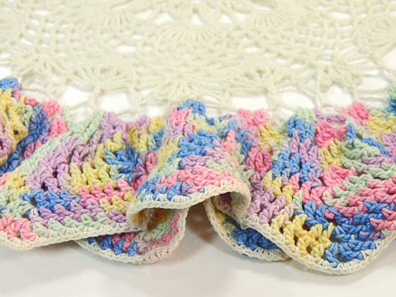 Doily Art Flower with Ruffled Petal Edges Country Kitchen Vintage Crochet Doily with Variegated Pastel Trim Vintage Decor Vintage Gift
