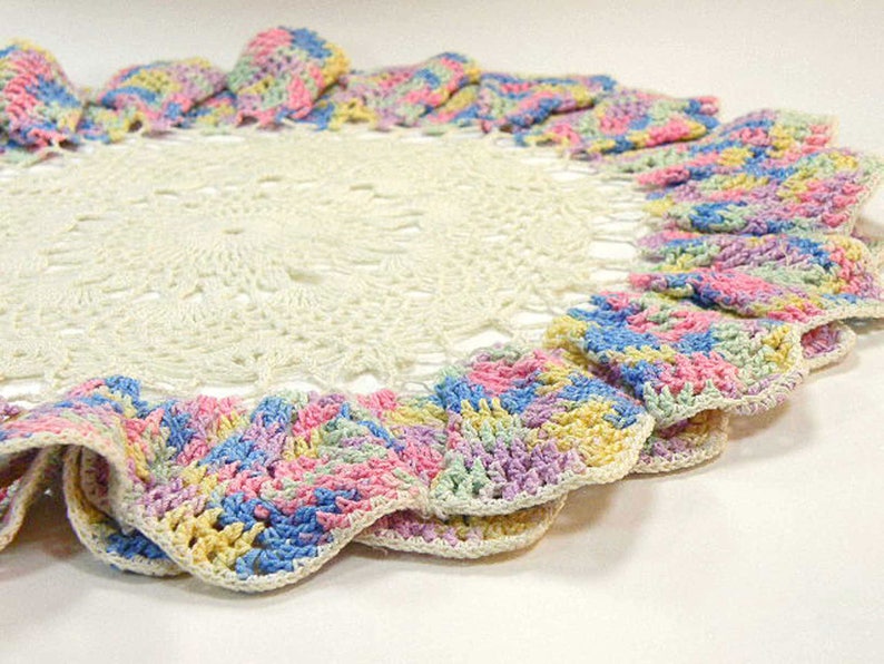 Doily Art Flower with Ruffled Petal Edges Country Kitchen Vintage Crochet Doily with Variegated Pastel Trim Vintage Decor Vintage Gift