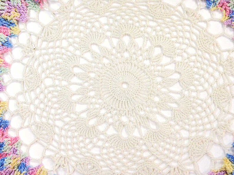 Doily Art Flower with Ruffled Petal Edges Country Kitchen Vintage Crochet Doily with Variegated Pastel Trim Vintage Decor Vintage Gift