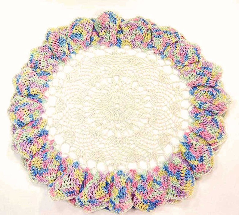 Doily Art Flower with Ruffled Petal Edges Country Kitchen Vintage Crochet Doily with Variegated Pastel Trim Vintage Decor Vintage Gift