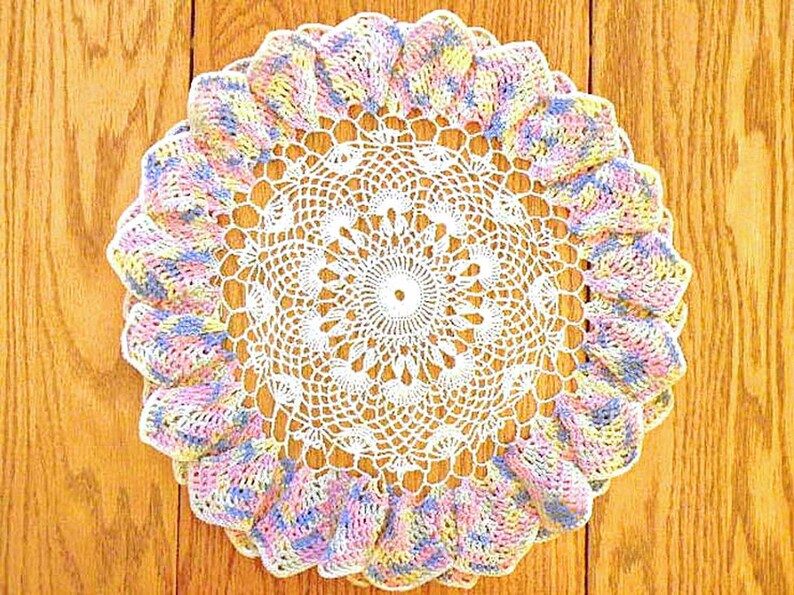 Doily Art Flower with Ruffled Petal Edges Country Kitchen Vintage Crochet Doily with Variegated Pastel Trim Vintage Decor Vintage Gift