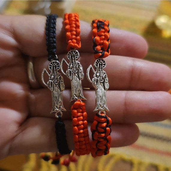 Red Black Reversible Pink White Santa Muerte Resizable Bracelet