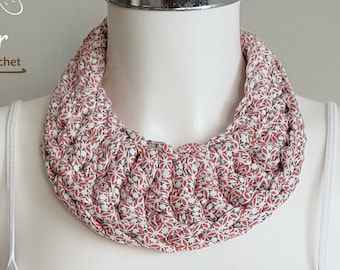 Bib necklace, crochet necklace, fabric necklace, t-shirt necklace, statement necklace, white with red and grey pattern necklace
