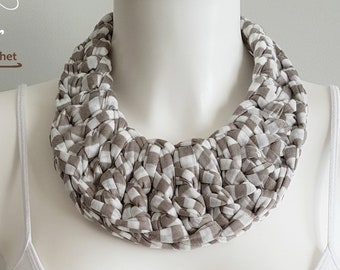 Bib necklace, crochet necklace, fabric necklace, t-shirt necklace, statement necklace, white and brown necklace