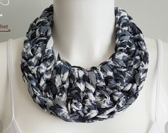 Bib necklace, crochet necklace, fabric necklace, t-shirt necklace, statement necklace, grey necklace, tie-dye necklace