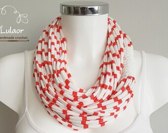 Scarf for women, t shirt infinity scarf, loop scarf, fabric scarf, cotton fabric scarf, skinny scarf, striped scarf, red and white scarf