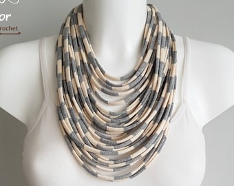 T shirt necklace, fabric necklace, multi strand necklace, upcycled scarf, grey necklace, striped necklace