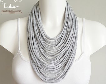 T shirt necklace, fabric necklace, multi strand necklace , grey necklace, upcycled jewelry