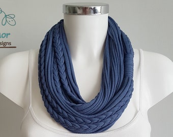 T shirt scarf, t shirt infinity scarf, loop scarf, fabric scarf, cotton fabric scarf, skinny scarf, thin scarf, womans scarf, blue scarf