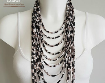 Womens necklace, burnning man, fabric necklace scarf, boho necklace, festival clothing necklace, fabric and beads, leopard print necklace