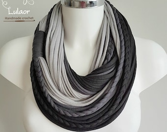 Infinity scarf for women, loop scarf, winter cotton fabric scarf, unique handmade scarf, grey scarf, black scarf, Christmas gift scarf