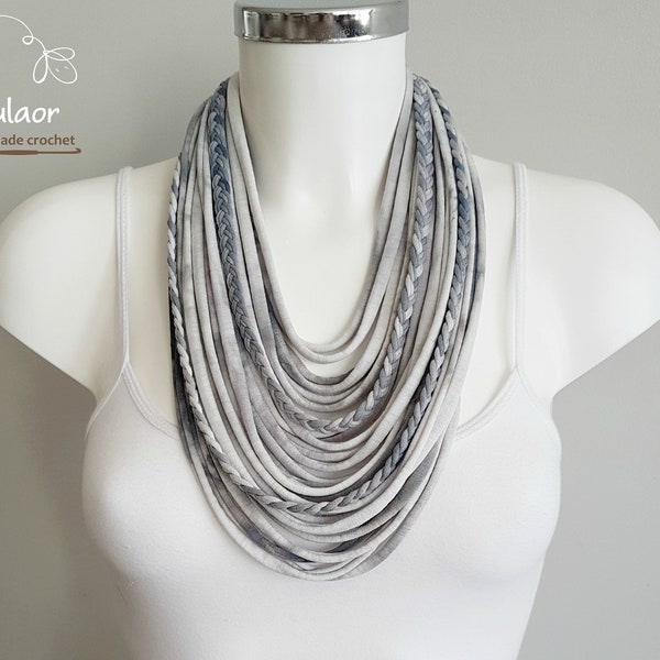 Statement necklace scarf,  fabric necklace,infinity scarf handmade, multi strand necklace, grey and blue necklace, gift for girlfriend