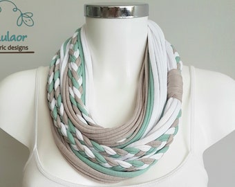T shirt scarf, t shirt infinity scarf, loop scarf, fabric scarf, cotton fabric scarf, skinny scarf, womans scarf, green beige white scarf