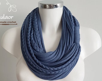 Infinity scarf necklace gift for women, Navy blue unique scarves , T shirt scarf , circle scarf, cotton fabric scarf, blue scarf