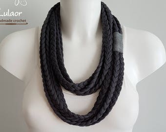 T-shirt scarf, t-shirt necklace, gray necklace, gray scarf, braided scarf, fabric scarf, fabric necklace, statement necklace