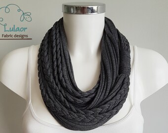 T shirt scarf, t shirt infinity scarf, loop scarf, fabric scarf, cotton fabric scarf, skinny scarf, melange gray scarf, grey scarf