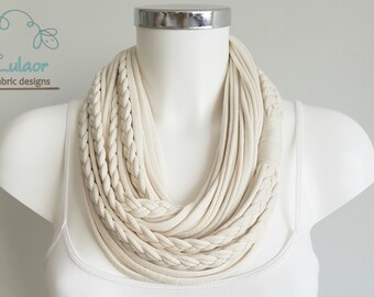 T shirt scarf, infinity scarf, loop scarf, fabric scarf, cotton fabric scarf, skinny scarf, womans scarf, cream scarf, off white scarf