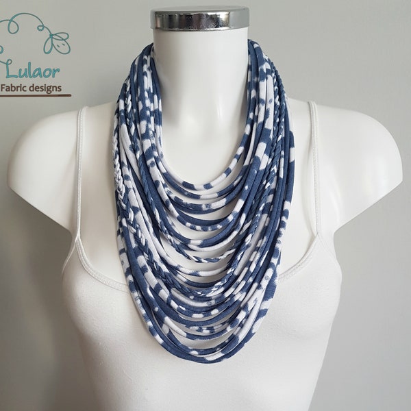 Statement necklace scarf, fabric necklace, blue necklace, multi strand necklace, tie dye necklace, gift for girlfriend