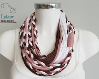 T shirt scarf, infinity scarf, loop scarf, fabric scarf, cotton fabric scarf, skinny scarf, brown pink and white scarf, warm scarf