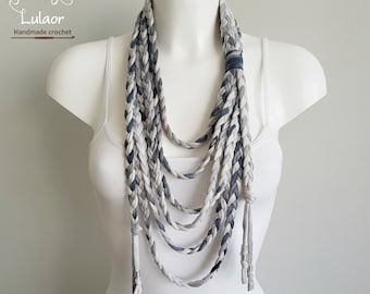 Collar de tela, collar gris, joyería textil, collar trenzado, collar de mujeres, collar de camiseta, regalo para mujer, collar tie-dye