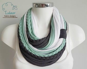 infinity scarf necklace, festival scarf, circle scarf, fabric scarf, Warm scarf, cotton fabric scarf, Unique scarf, green grey white scarf