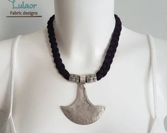 Fabric necklace, Tribal ethnic pendant necklace, Burning man clothing woman, statement necklace, silver plated pendant