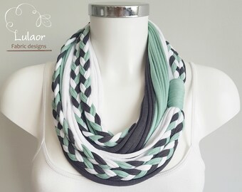 Scarf for women, Fabric infinity scarf, loop scarf, cotton fabric scarf, skinny scarf, grey, mint and white scarf, fashion scarf handmade