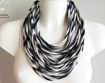 T shirt necklace, fabric necklace, multi strand necklace, striped necklace, upcycled necklace, black and white necklace