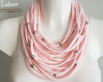 T shirt necklace, fabric necklace, multi strand necklace, pink necklace, upcycled necklace