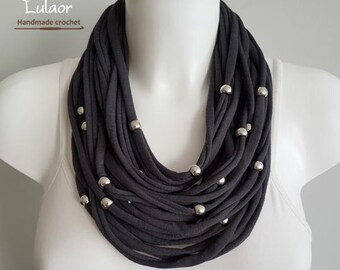 Cotton necklace, fabric necklace, multi strand necklace, grey necklace, upcycled necklace