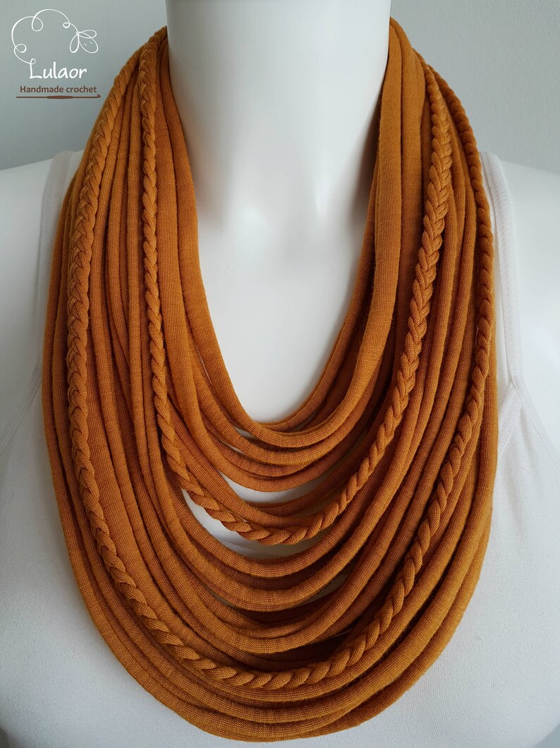 infinity orange necklace scarf burnt orange necklace mustard necklace scarf T shirt necklace fabric necklace fabric jewelry