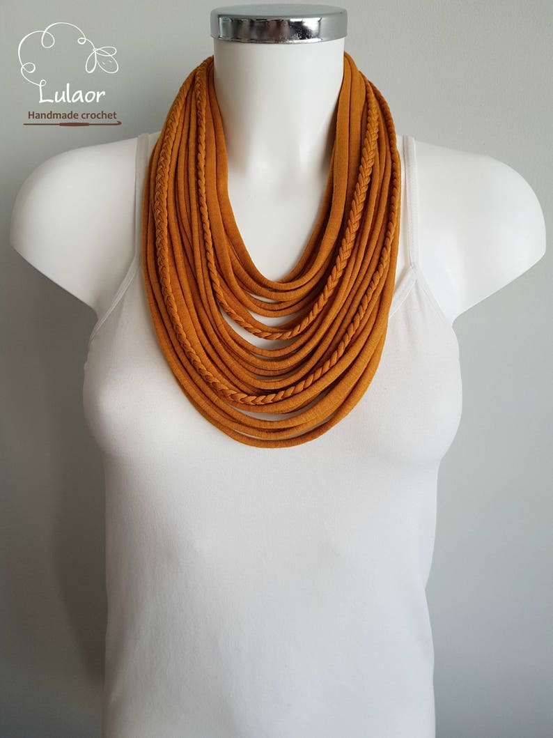 infinity orange necklace scarf burnt orange necklace mustard necklace scarf T shirt necklace fabric necklace fabric jewelry