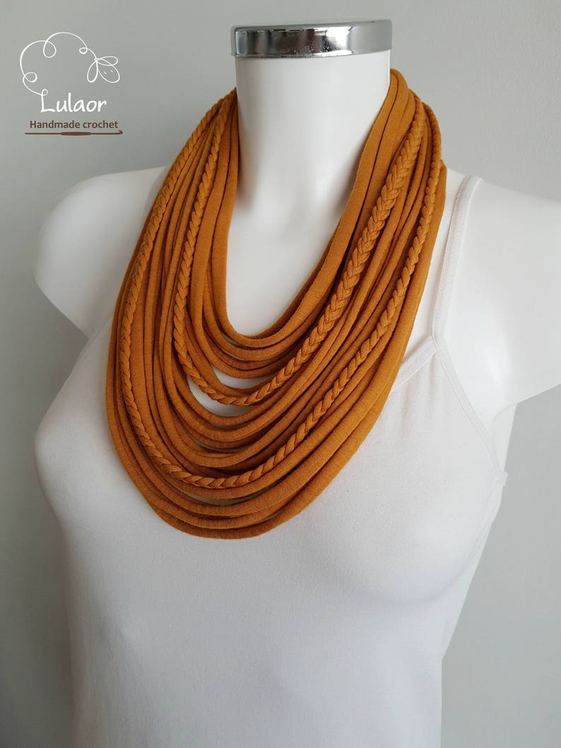 infinity orange necklace scarf burnt orange necklace mustard necklace scarf T shirt necklace fabric necklace fabric jewelry